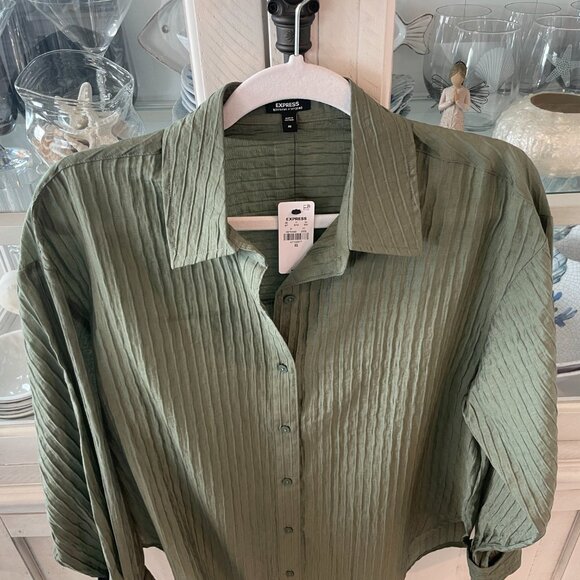 EXPRESS BOYFRIEND PORTOFINO OVERSIZED SHIRT TEXTURED STRIPE GREEN SIZE XS NWT - Picture 2 of 7